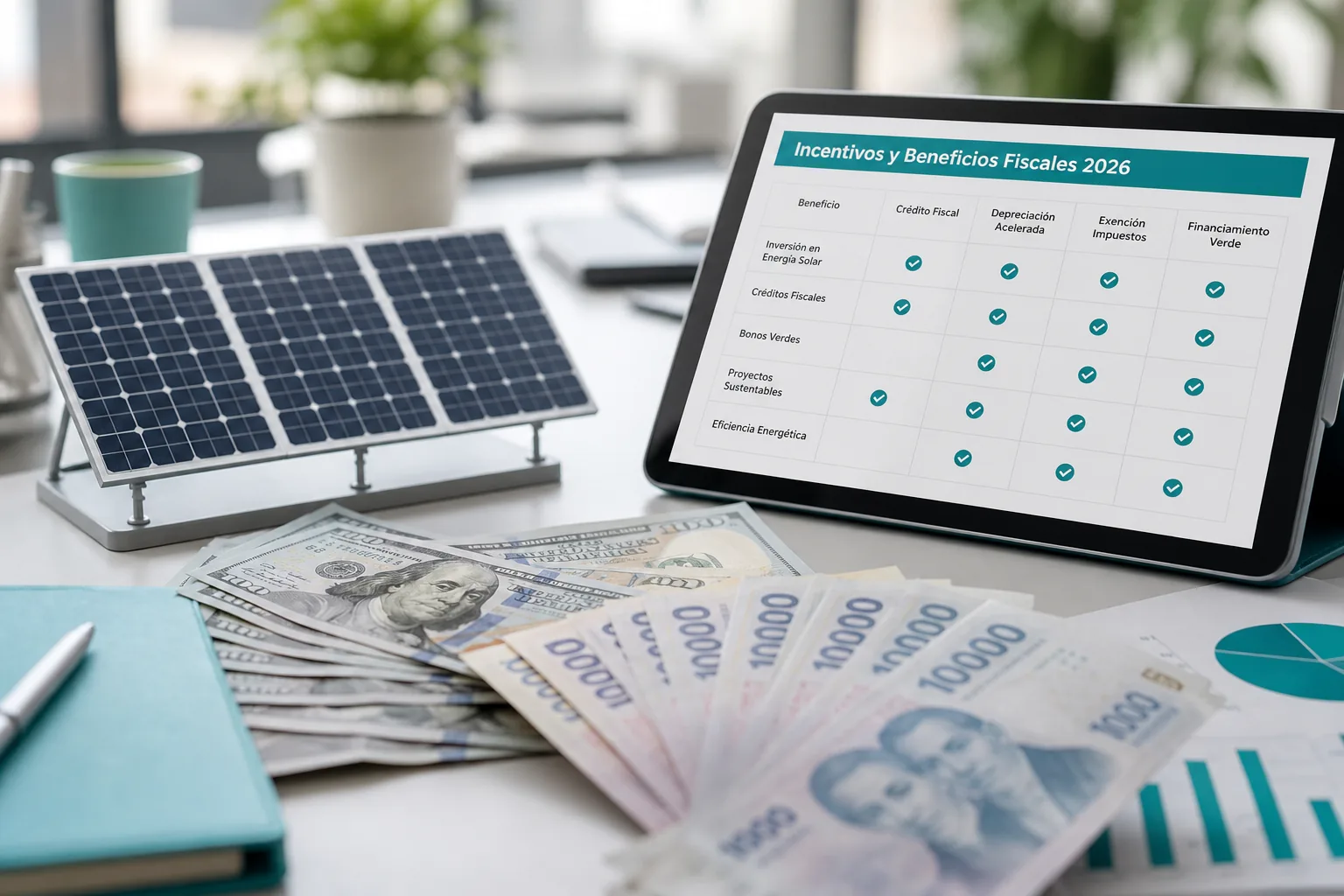Créditos e incentivos solares Argentina | Genera Tu Energía Mesa de trabajo con modelo solar y documentación de créditos e incentivos energéticos Argentina 2026
