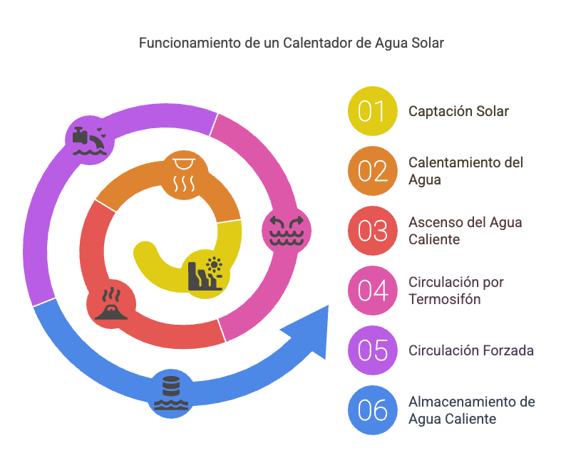 Diagrama simple del funcionamiento de un calentador de agua solar por termosifón