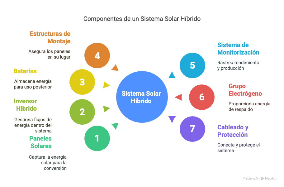 Collage mostrando los componentes principales de un sistema solar híbrido: paneles, inversor, baterías, generador.