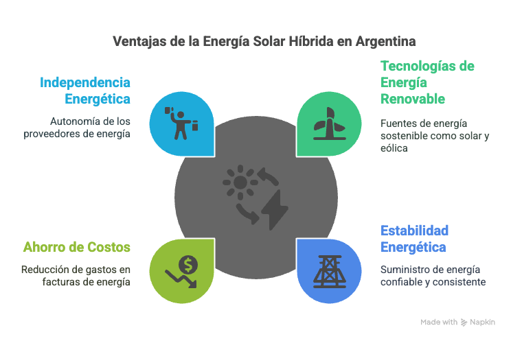 Ilustración conceptual de un sistema de energía solar híbrida combinando paneles, baterías y red.