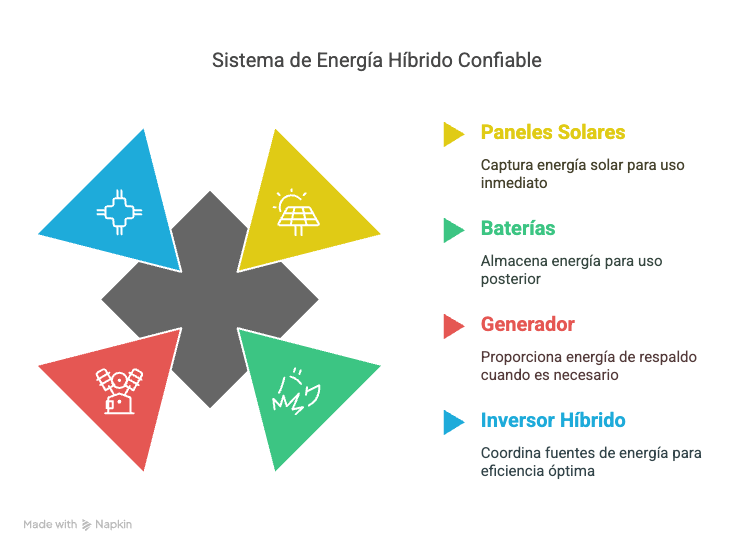Diagrama de conexión de un sistema híbrido solar con grupo electrógeno como respaldo.