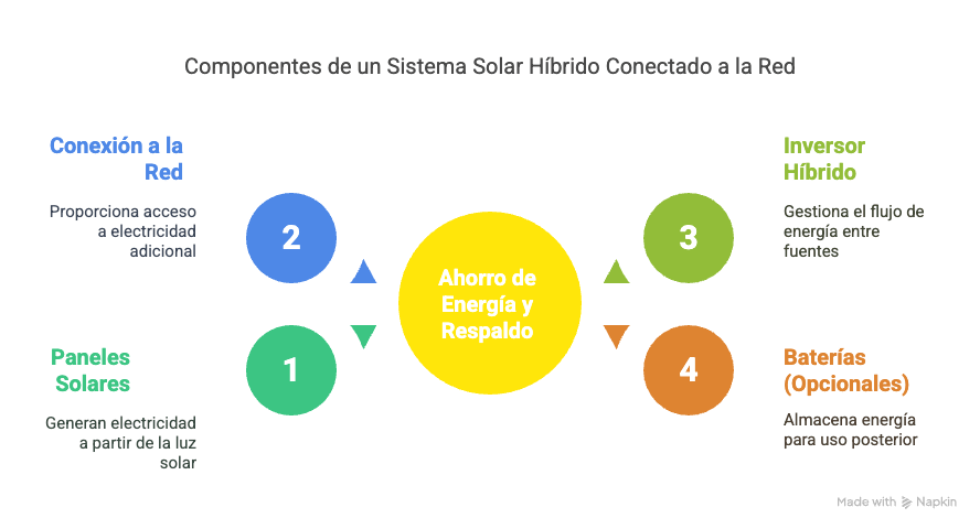 Esquema de un sistema solar híbrido on-grid mostrando paneles, inversor, red eléctrica y consumo.