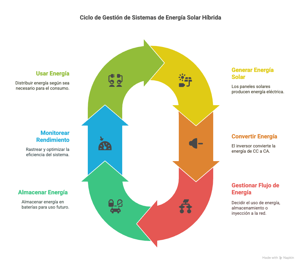 Diagrama simplificado mostrando las conexiones de un inversor híbrido con paneles solares, baterías, red y consumo.