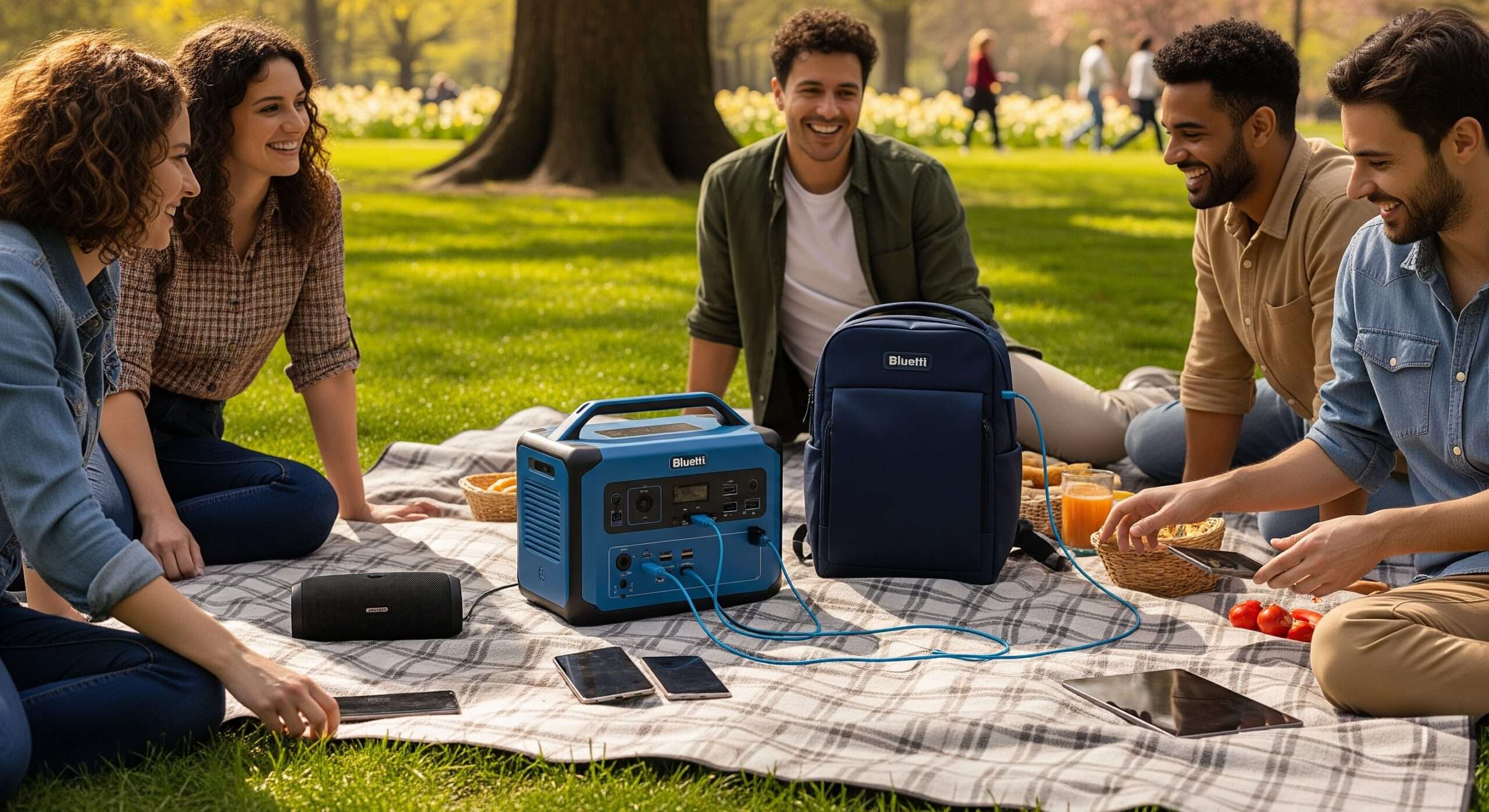 Varios modelos pequeños de Bluetti en un entorno de viaje.