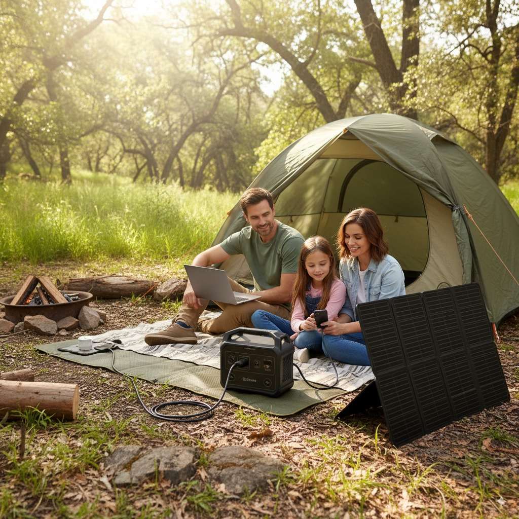 Una familia en un campamento usando una estación de carga portátil para alimentar sus dispositivos.