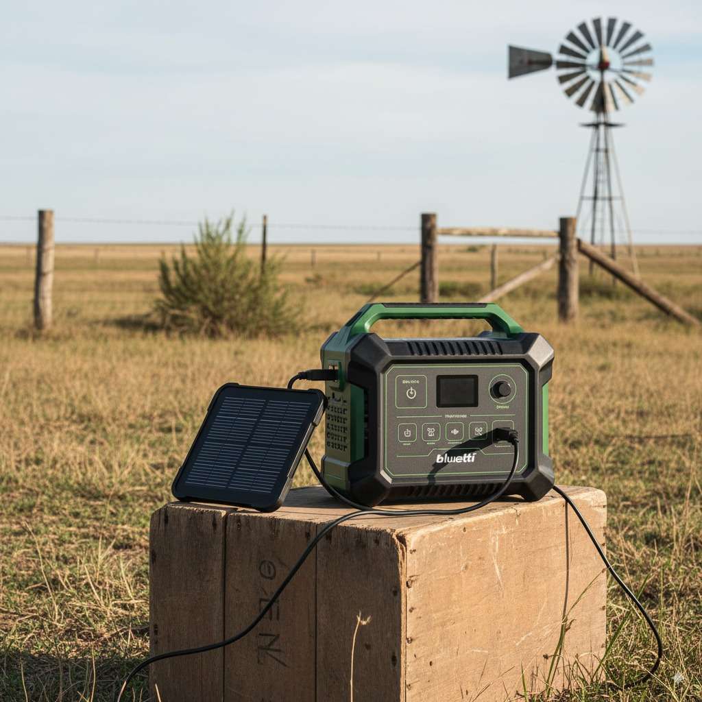 Una estación de carga Bruetti en un entorno rural argentino, con un panel solar conectado.