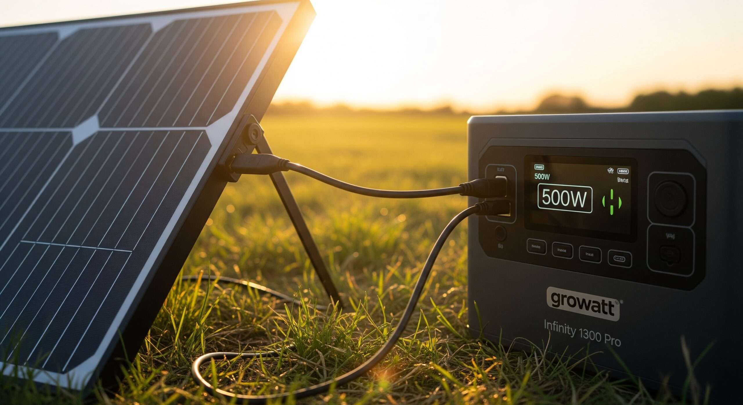 Growatt Infinity 1300 Pro cargándose con un panel solar.