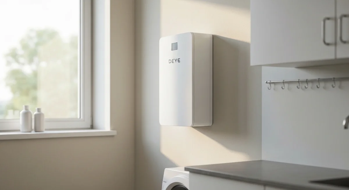 Inversor híbrido Deye 5kW montado en una pared blanca de un garaje limpio