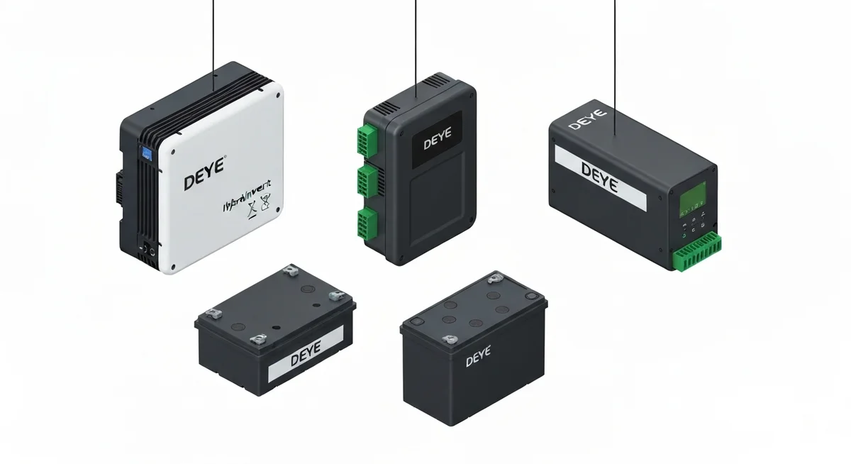 Gráfico con logo de Deye junto a certificaciones TÜV, CE, ISO 9001