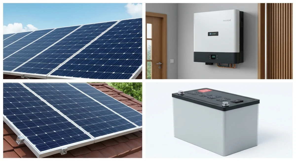 Collage de componentes: panel solar, inversor y batería de litio