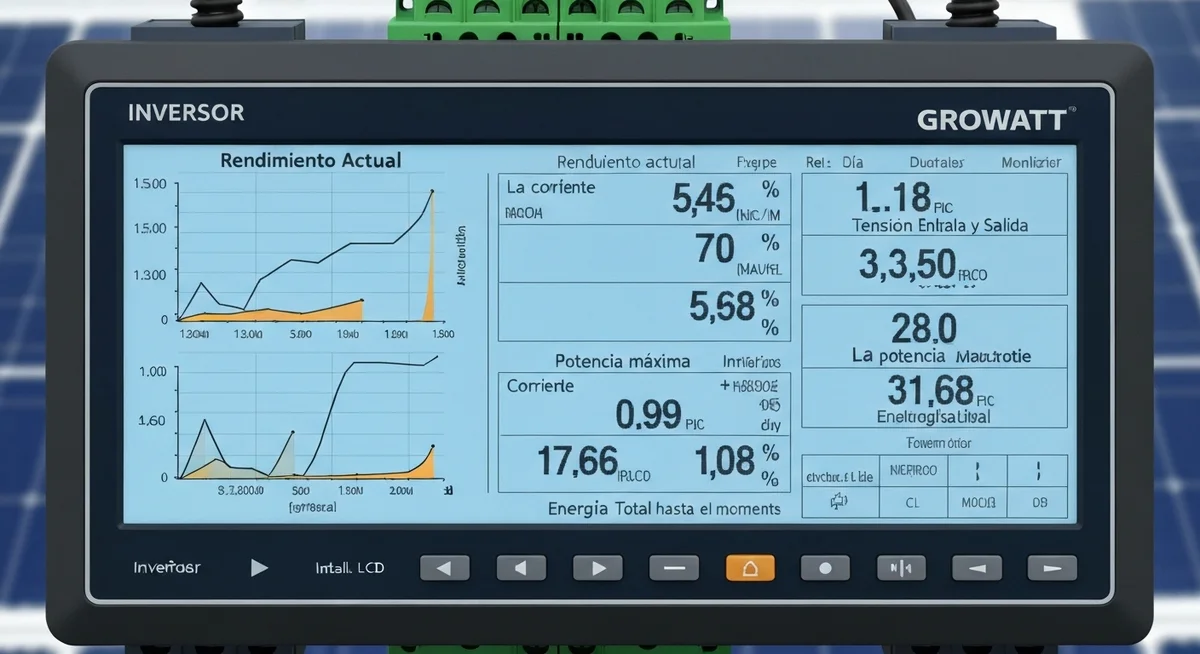 Pantalla LCD de un inversor Growatt mostrando datos de producción solar