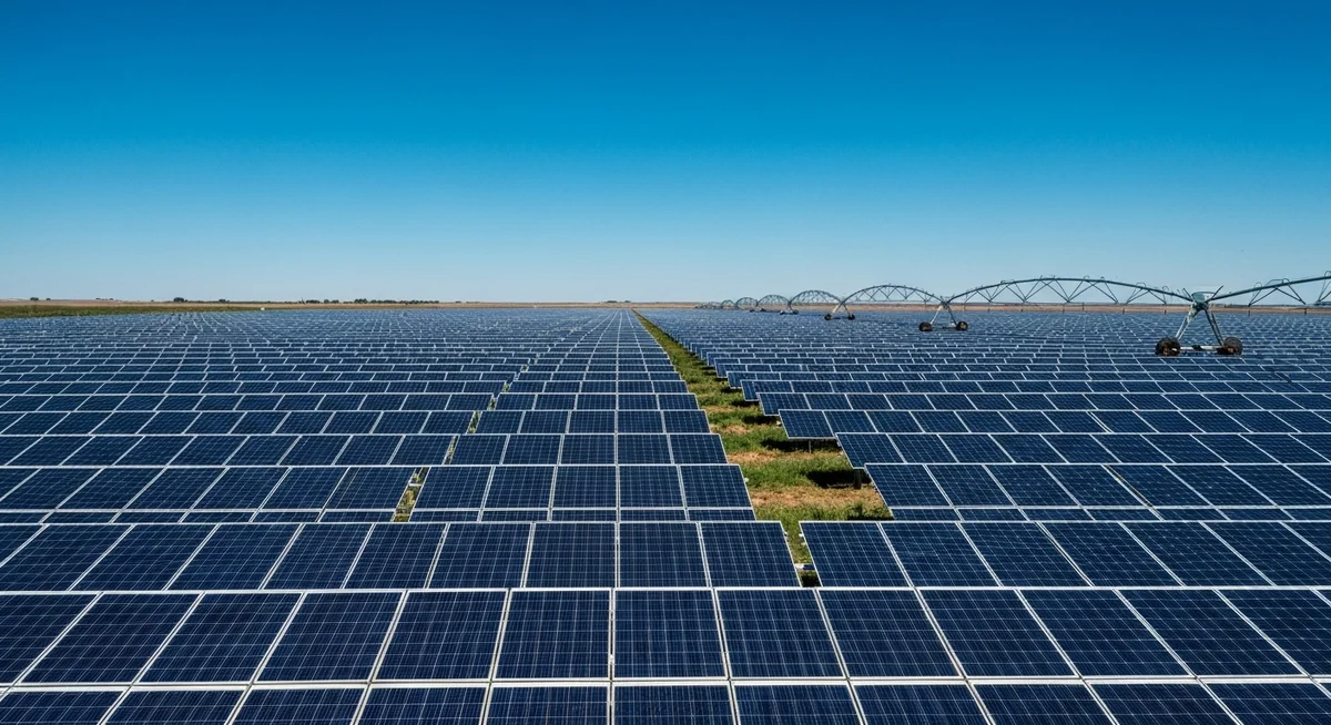 Estructura de paneles solares en un campo alimentando una bomba de agua