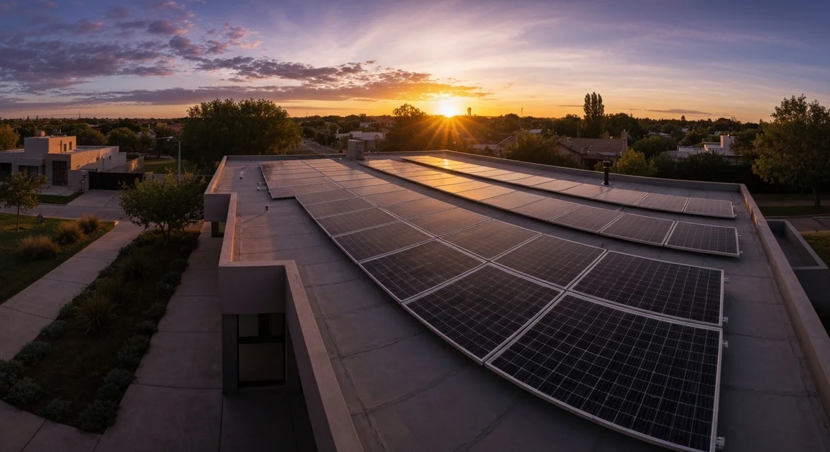 Techo residencial con paneles solares al atardecer en Argentina 2026