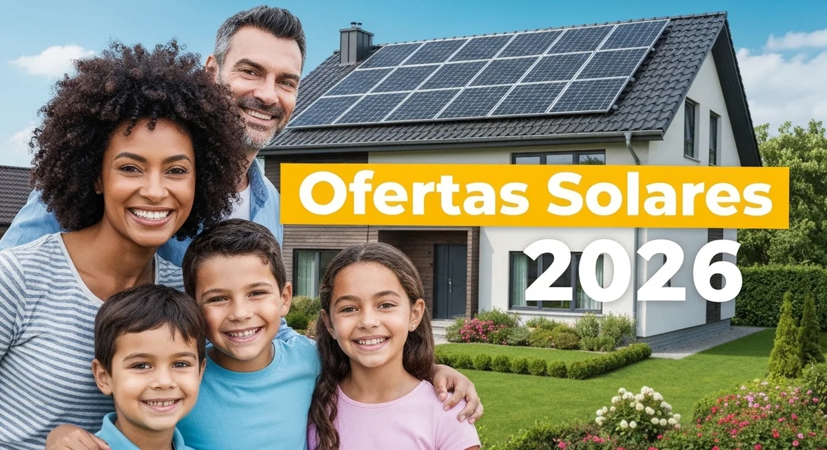 Banner hero con familia sonriendo frente a casa con paneles solares y el texto Ofertas Solares 2026