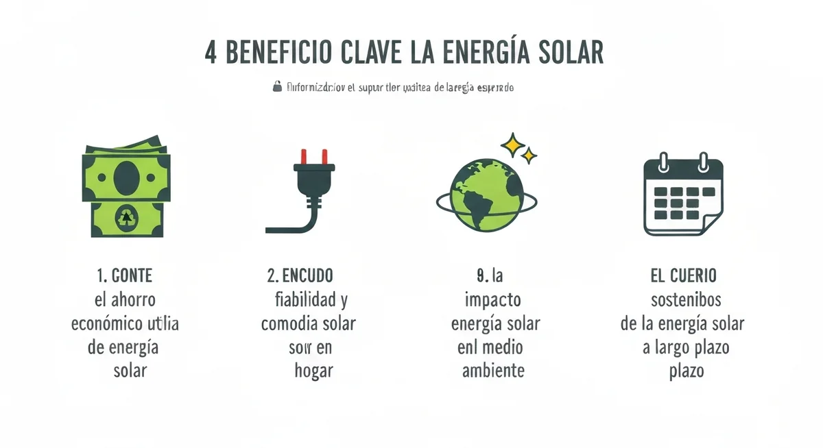 Infografía con los beneficios de la energía solar: ahorro, autonomía, sostenibilidad