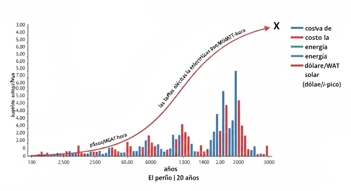 Gráfico comparativo de la curva ascendente de tarifas eléctricas vs el costo decreciente de la energía solar en Argentina
