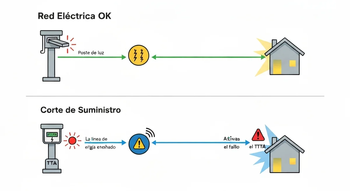 Infografía del flujo de energía con un TTA: Red OK a Casa, Red Cortada a Generador a Casa.