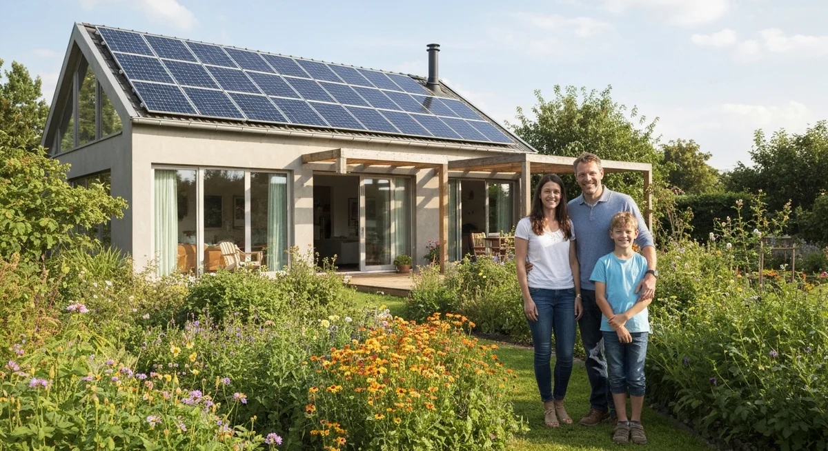Familia feliz en el jardín de su casa con paneles solares