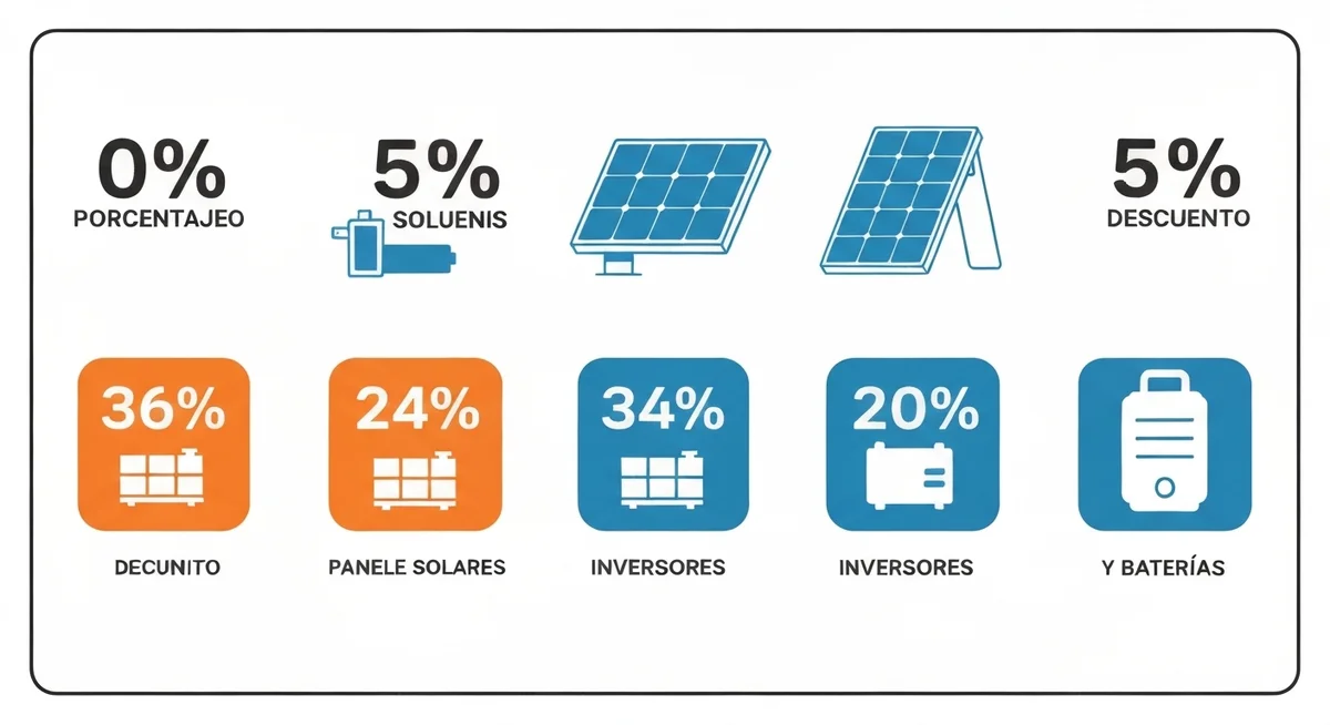 Iconografía con porcentajes de descuento sobre paneles, inversores y baterías solares