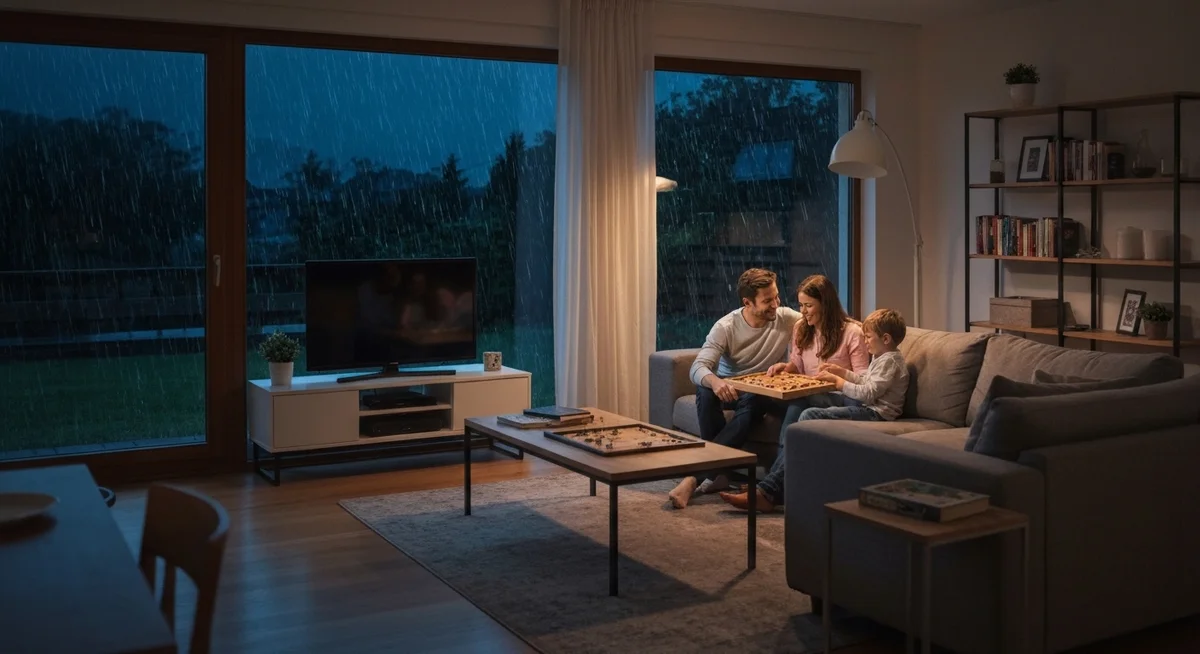 Familia sonriendo en su living iluminado durante una tormenta, gracias al TTA.