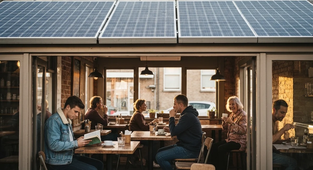 Pequeño comercio con paneles solares en su techo