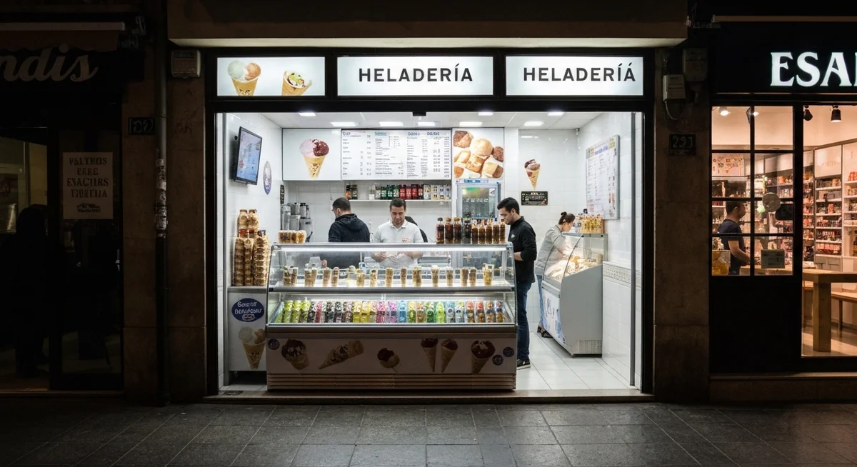 Heladería funcionando de noche durante un apagón en la calle.