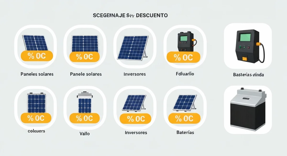 Despiece gráfico de un sistema solar: panel, inversor, batería, estructura